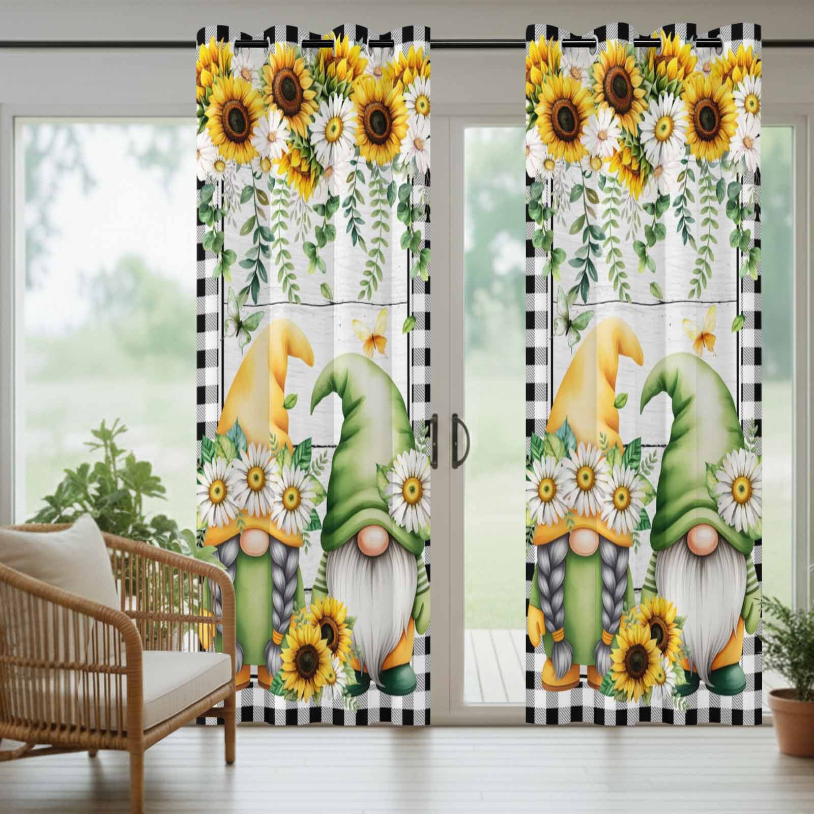 1 Panel Outdoor Curtains for Patio Waterproof 54"x95" Sunflower Gnomes Weatherproof Privacy Outsides Curtains, Spring Farmhouse Daisy Leaf Wooden Grain Grommet Thermal Drapes for Cabana Porch Pergola