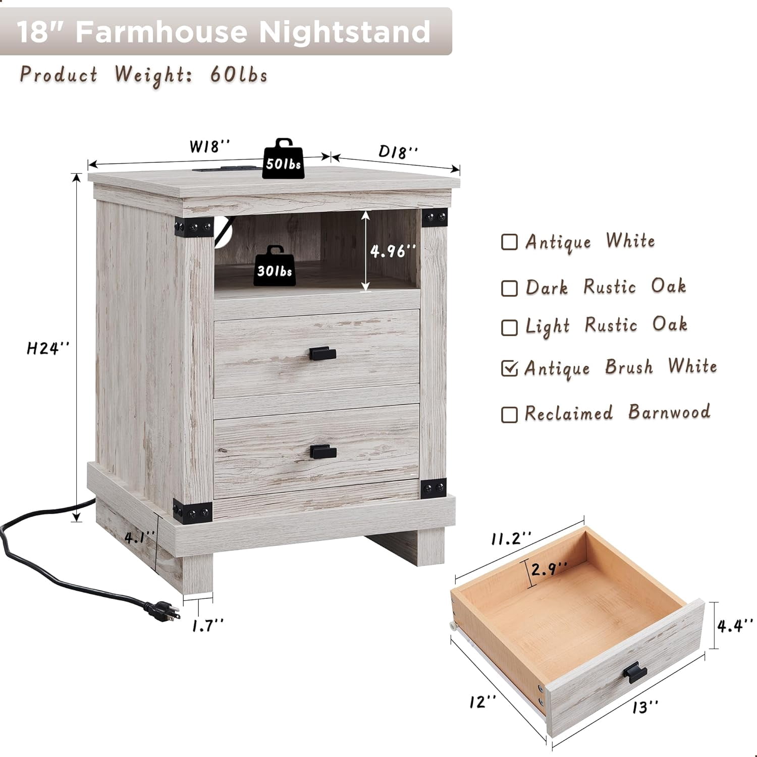 OKD Farmhouse 18" Nightstand with Charging Station, Rustic Metal Wood End Tables with Adjustable Shelves, Side Tables，Antique Brush White