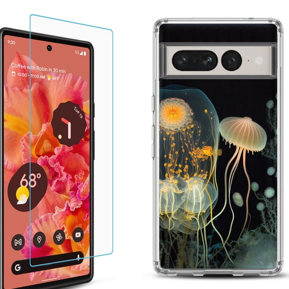 Shockproof Bumper Phone Case for Google Pixel 7, with Tempered Glass Screen Protector, by OneToughShield ® - Jellyfish