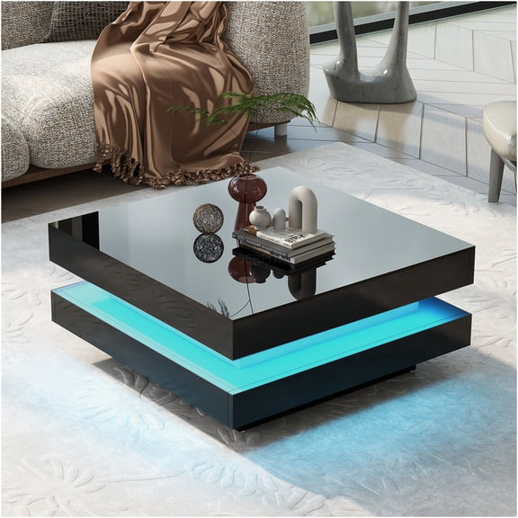 JERFIT Modern LED Coffee Table with 2-Tier Storage, 31.5 Inch Square High Gloss Center Table for Living Room, Black