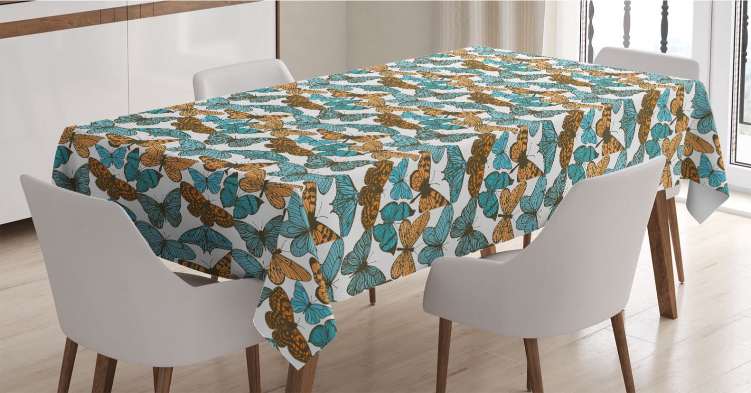 Tablecloth Yellow Insects Butterfly Tablecloth, Detailed Vintage Flying Insects Spring Season ...