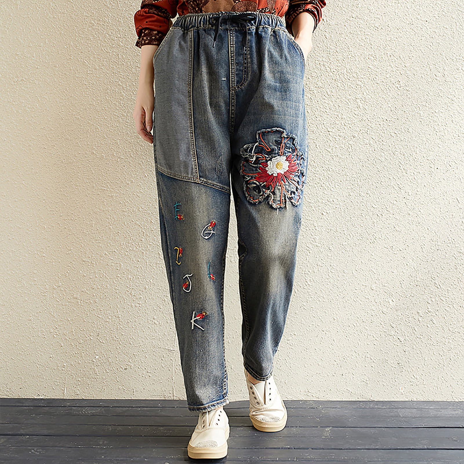 Vintage denim floral casual pants Outlet