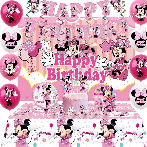 102pcs Minnie Birthday Party Supplies, Include Banner, Background, Hanging Swirls Decorations, Latex Balloons, Plates, Cutlery, Napkins,Great Birthday and Decorations Set