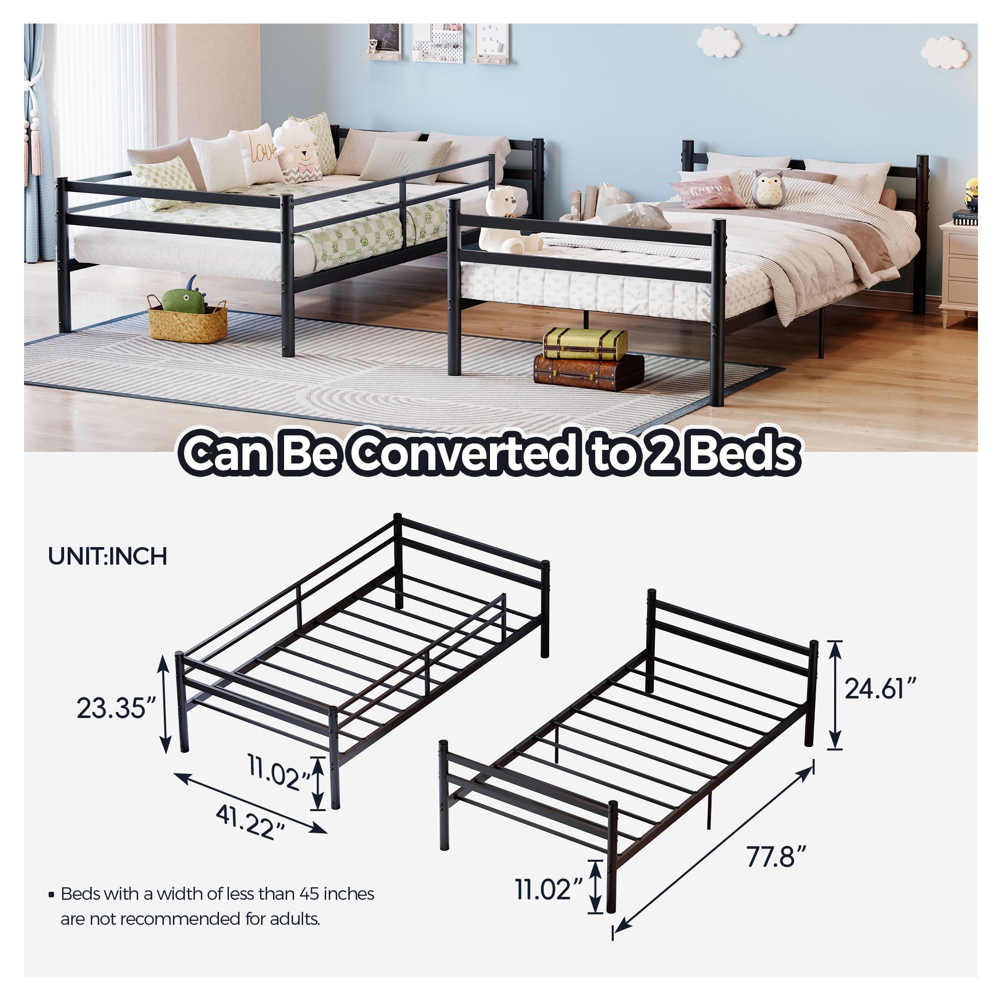 MAYEERTY Twin Over Twin Metal Bunk Bed with Ladder and High Guardrail, Splittable into 2 Individual Twin Beds, for Kids Teens Adults Bedroom Dorm, No Box Spring Needed
