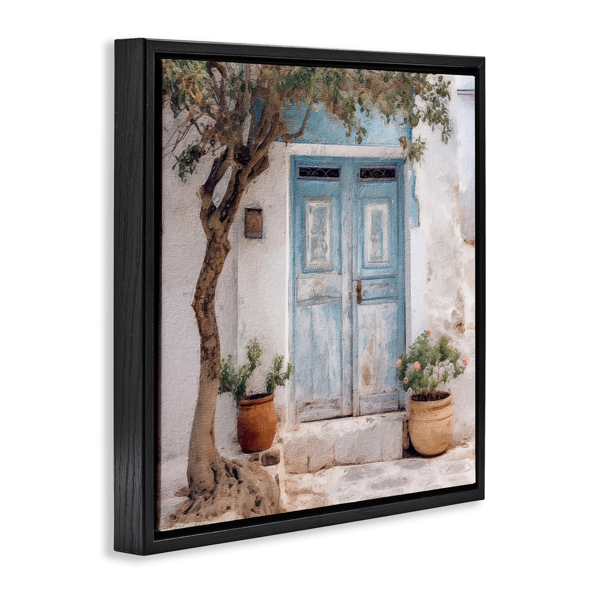 Stupell Industries Tree & Blue Doorway Town & City Painting Black Floater Framed Canvas Art Print Wall Art, 18 x 18