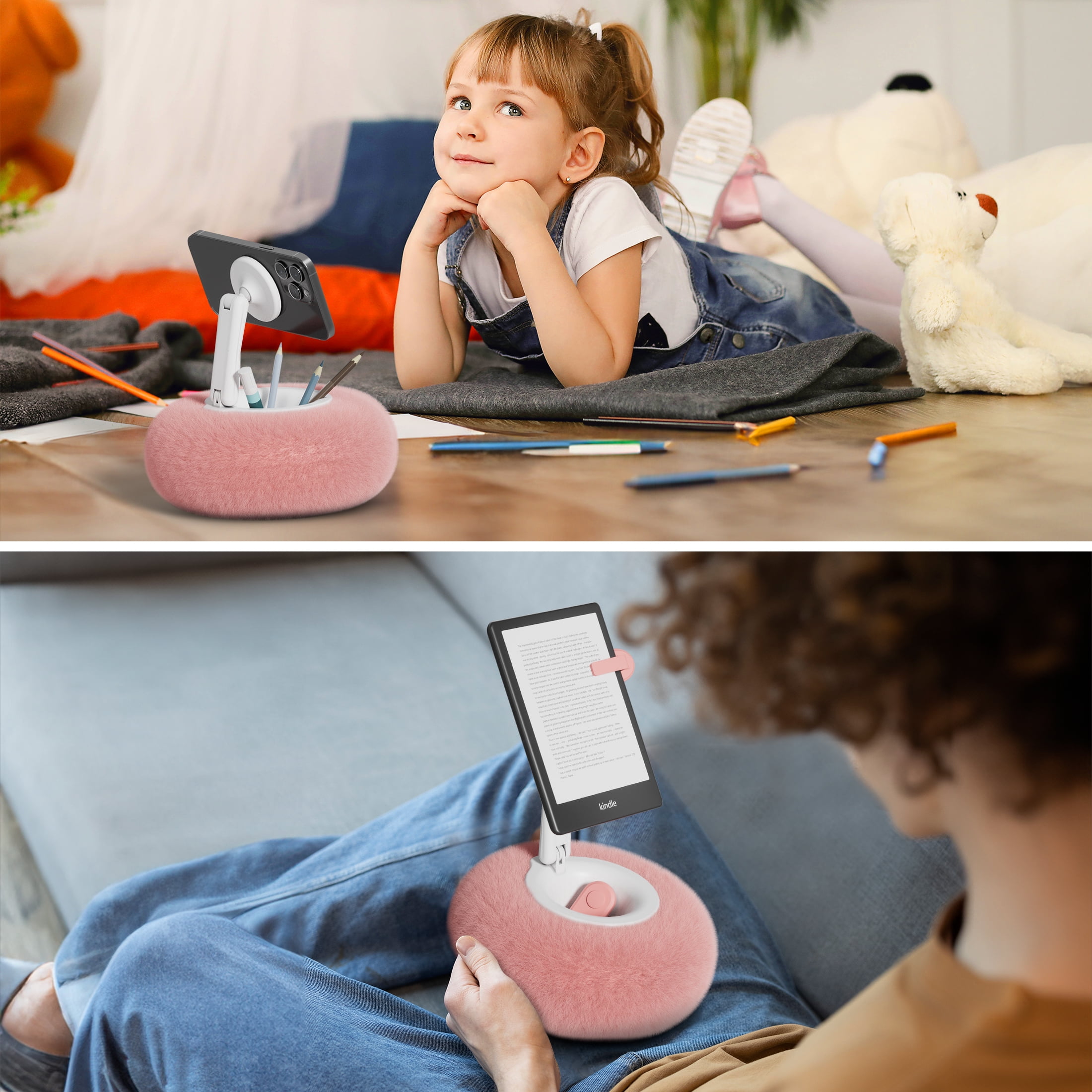 Viozon Phone Holder for Bed, Magnetic Pillow Stand, Compatible with 4-7" Devices with Small Storage Pink