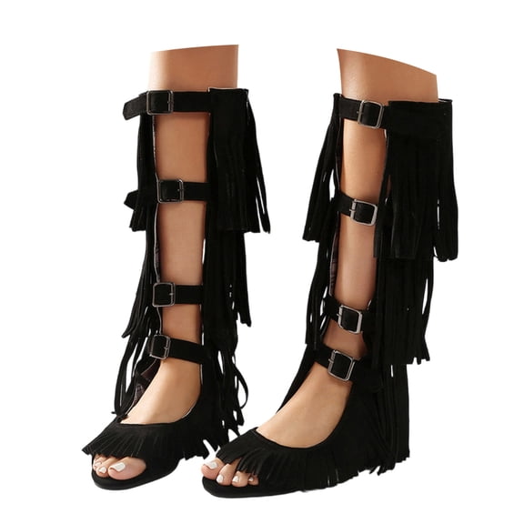 Womens Fringe Knee High Flat Boots Gladiator Open Toe Tassel Backless Sandals Strap Buckle Party Fashion Dress Shoes Black Size 8