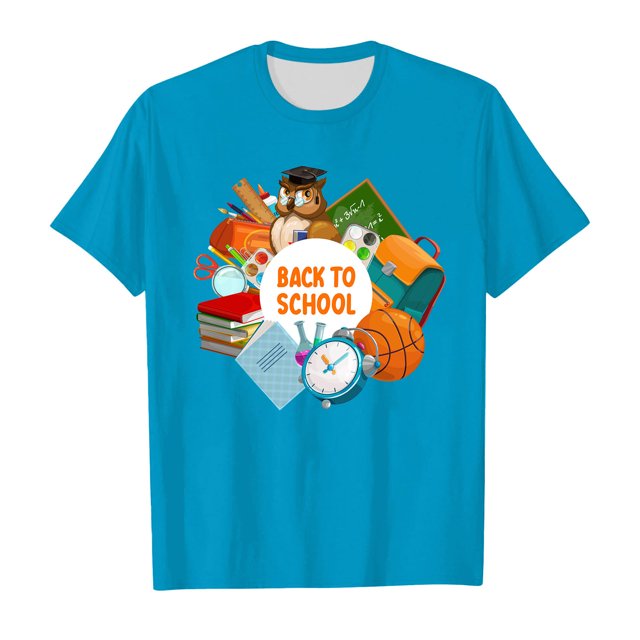 Girls Shirts Short Sleeved Soft Comfortable Back To School Pattern Cartoon Wearing Girls Tops Blue 10 Years-11 Years