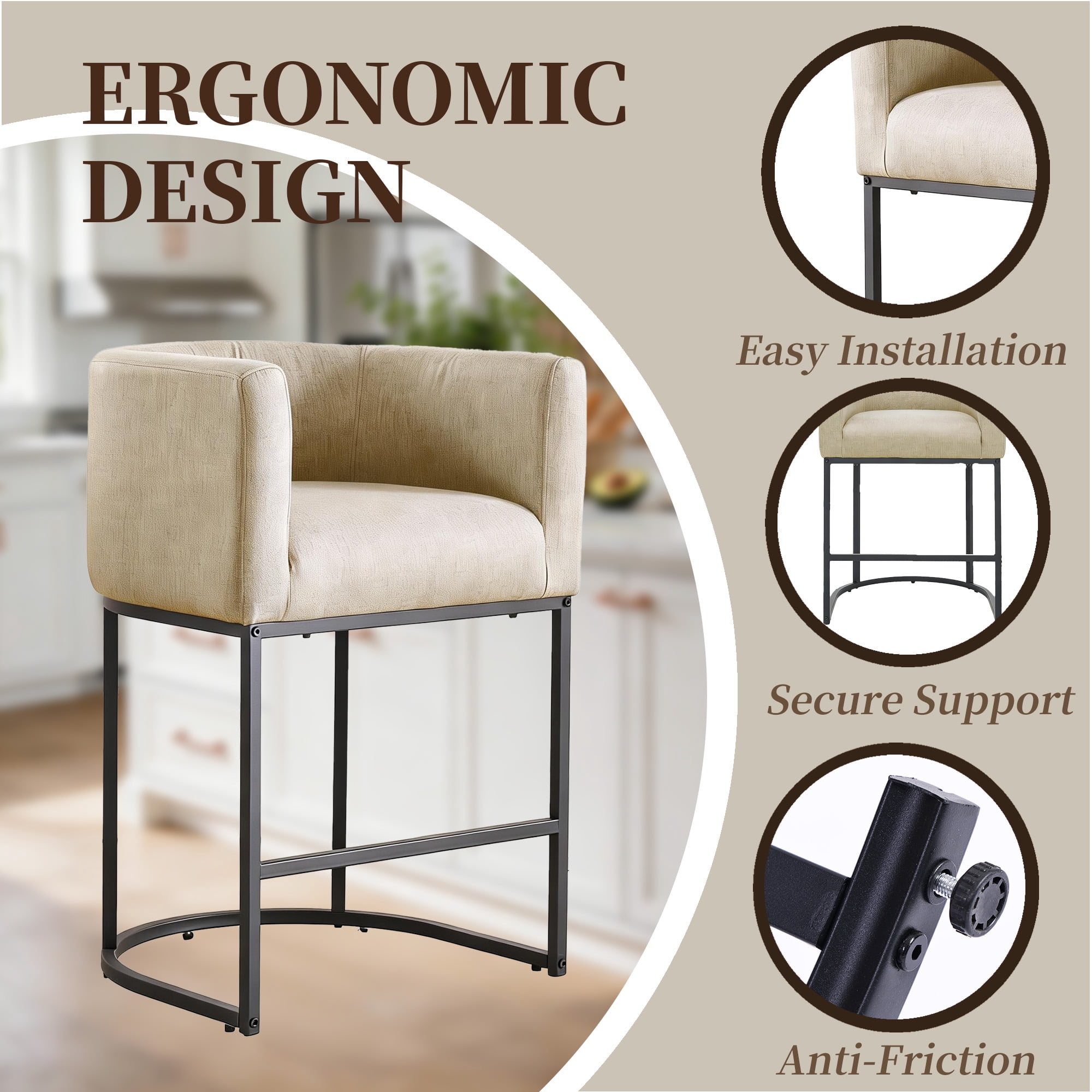CRERIYO 26" Counter Height Bar Stools Set of 4, Fabric Upholstered Modern Barrel Bar Chairs with Metal Frame, Camel