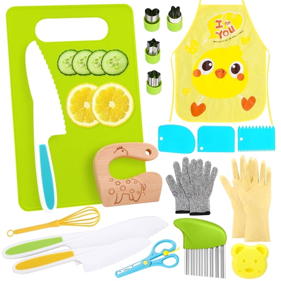 sixwipe 21 Pcs Kids Safe Knife Set for Real Cooking, Kids Knives Sets with Apron Cutting Board Crinkle Cutters, Kitchen Tool Toy for 3-10 Girl Boy Gifts