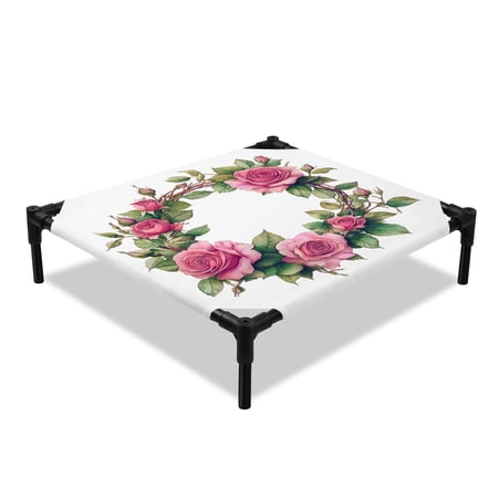 Spring Rose Elevated Dog Bed Watercolor Flower Cooling Breathable Outdoor Raised Dog Cot Bed with Metal Frame Non-Slip Feet for Small Dog 20x20in