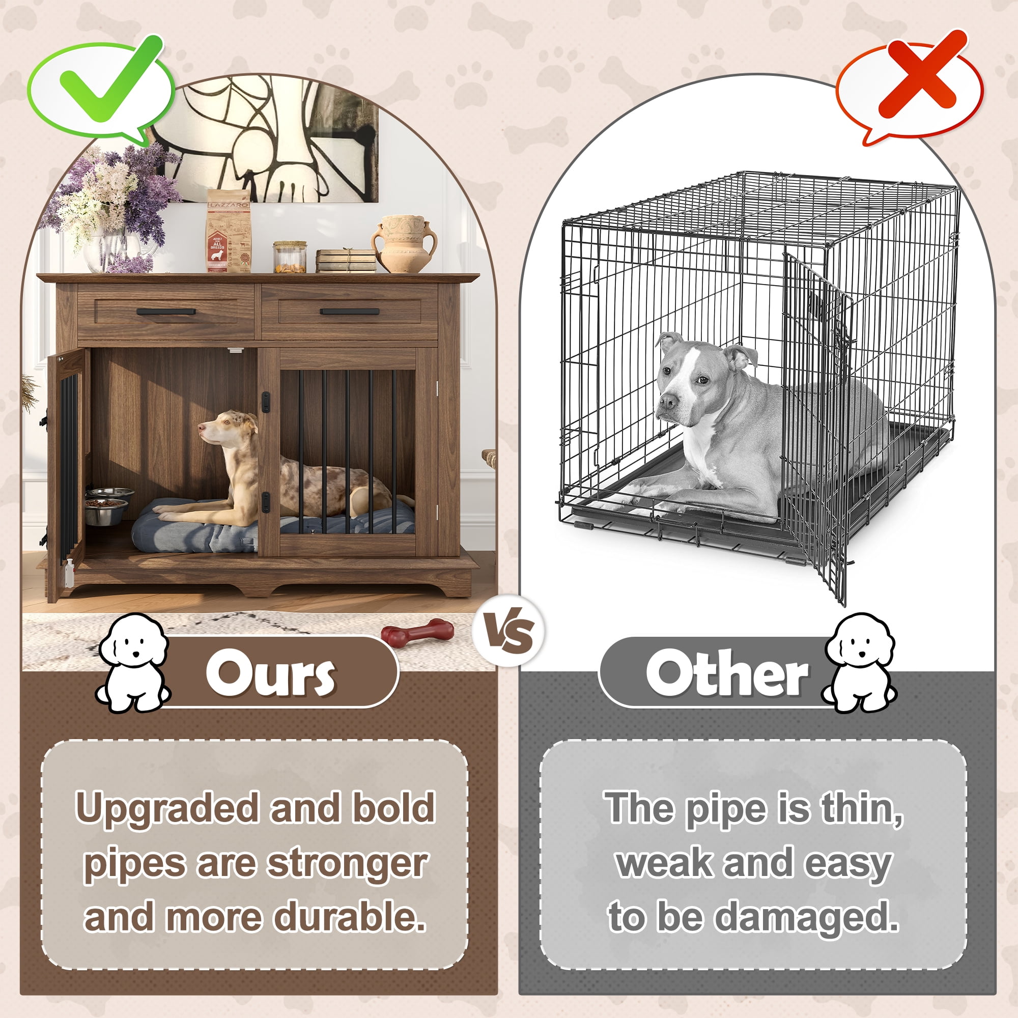 44.48" Large Dog Crate Furniture, Indoor Wooden Dog Kennel End Table with 2 Storage Drawers and Rotating Bowls, Decorative Pet Cage Dog House for Medium Dogs