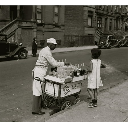 African American Vendor Sells water ice in the city on  hot day to a young black girl Poster