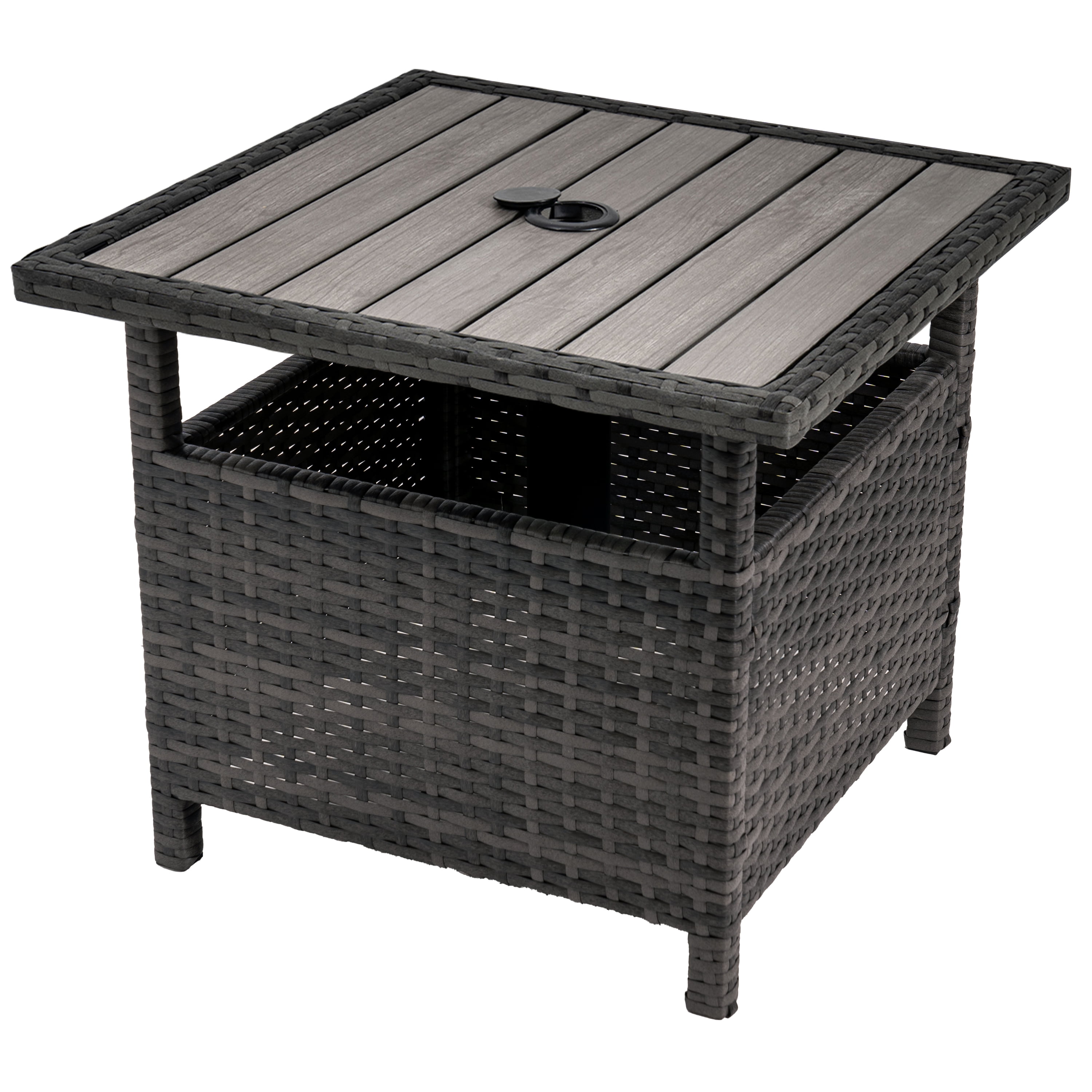 Outdoor Patio Side Table Umbrella Stand All-Weather PE Wicker Rattan Umbrella Table Furniture  for Garden Deck Pool Gray