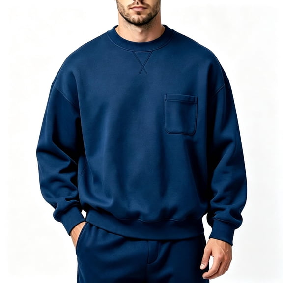 TKKCS Mens Crew Neck Sweatshirt with Chest Pocket Drop Shoulder Fall Casual Long Sleeve Relaxed Fit Pullover Sweatshirts Blue XL