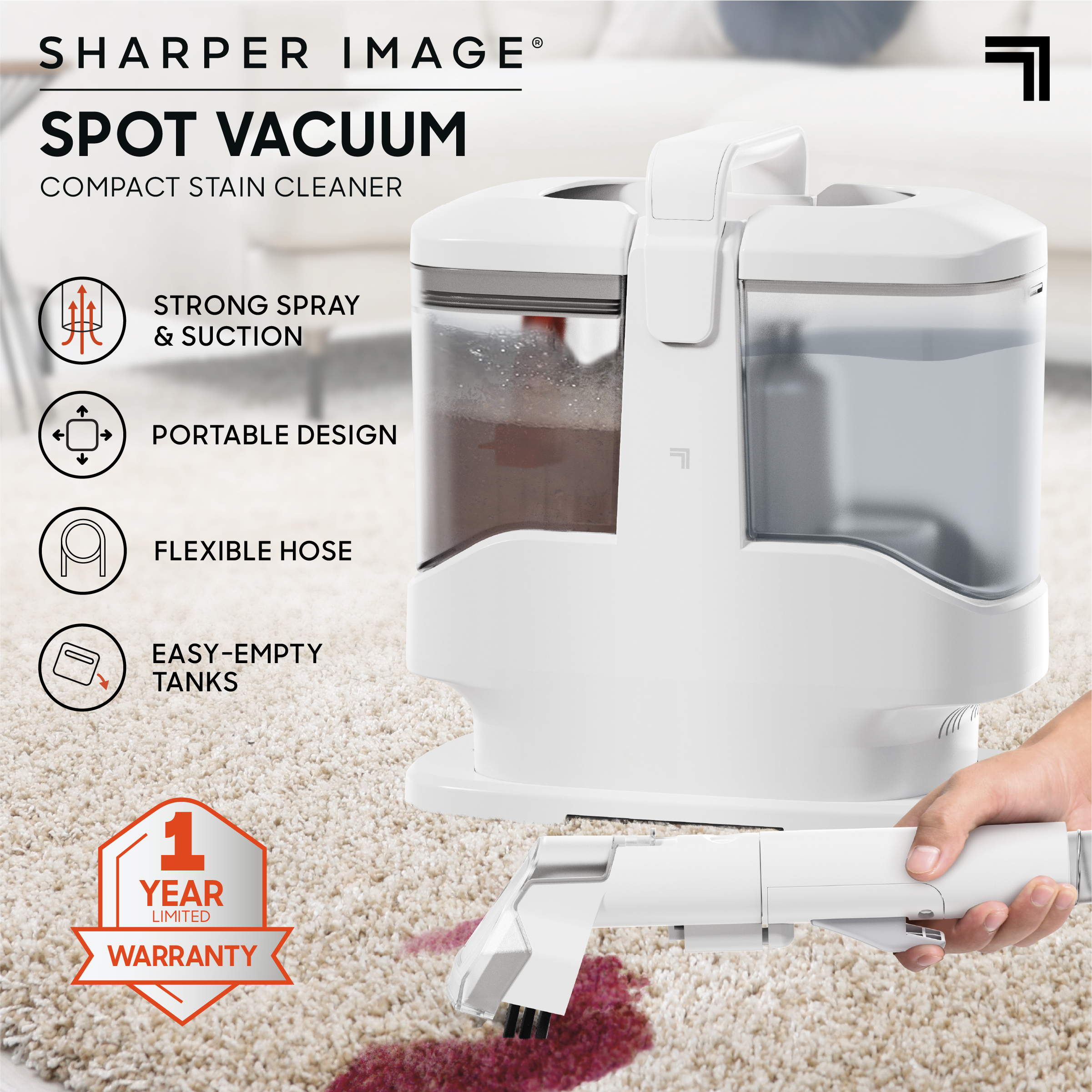 Sharper Image Spot Vacuum Compact Stain Cleaner – Portable Carpet & Upholstery Cleaner with Spray Trigger and 450W Motor