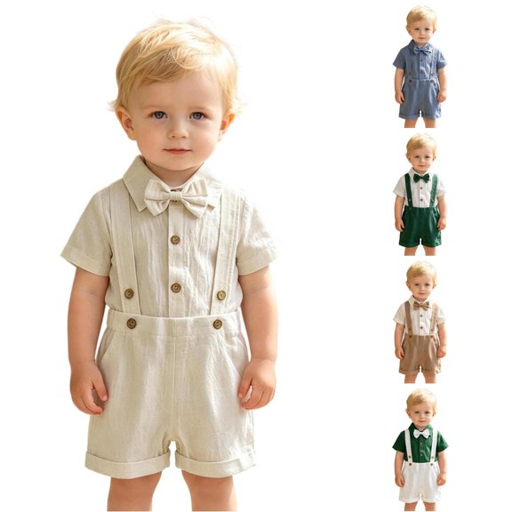 XAOFW Baby Boy Outfits Short Sleeve Solid Color Romper Suspenders Shorts Toddler Kids Summer Gentleman Sets 9-12 Months
