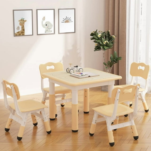 Kids Table and 4 Chairs Set with Graffiti Desktop, Height Adjustable Toddler Table and Chairs Set, Non-Slip Legs, 4 in 1 for Reading, Drawing, Playing, Eating