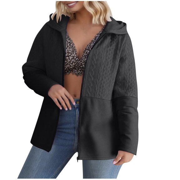 Womens Plus Size Zip Up Hoodies Jackets Coat Long Sleeve Knit Cardigan Patchwork Sweater Coat Pockets Jacket Top