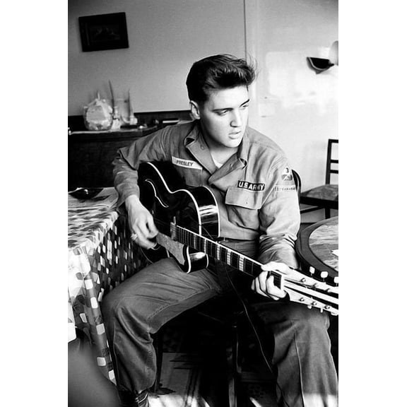 Elvis Presley in Army Uniform Playing Guitar Style - A - 12x18 Inch Laminated Poster - Stunning Detail and Bold Colors