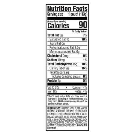 HAPPY TOT, STAGE 4 BABY FOOD, APPLES, ACAI, COCONUTMILK OAT, CINNAMON & CHIA, 4 OZ POUCH