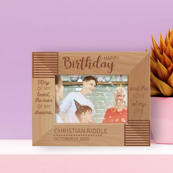 Happy Birthday King Of My Heart Personalized Wooden Frame-5" x 3 1/2" Brown Horizontal