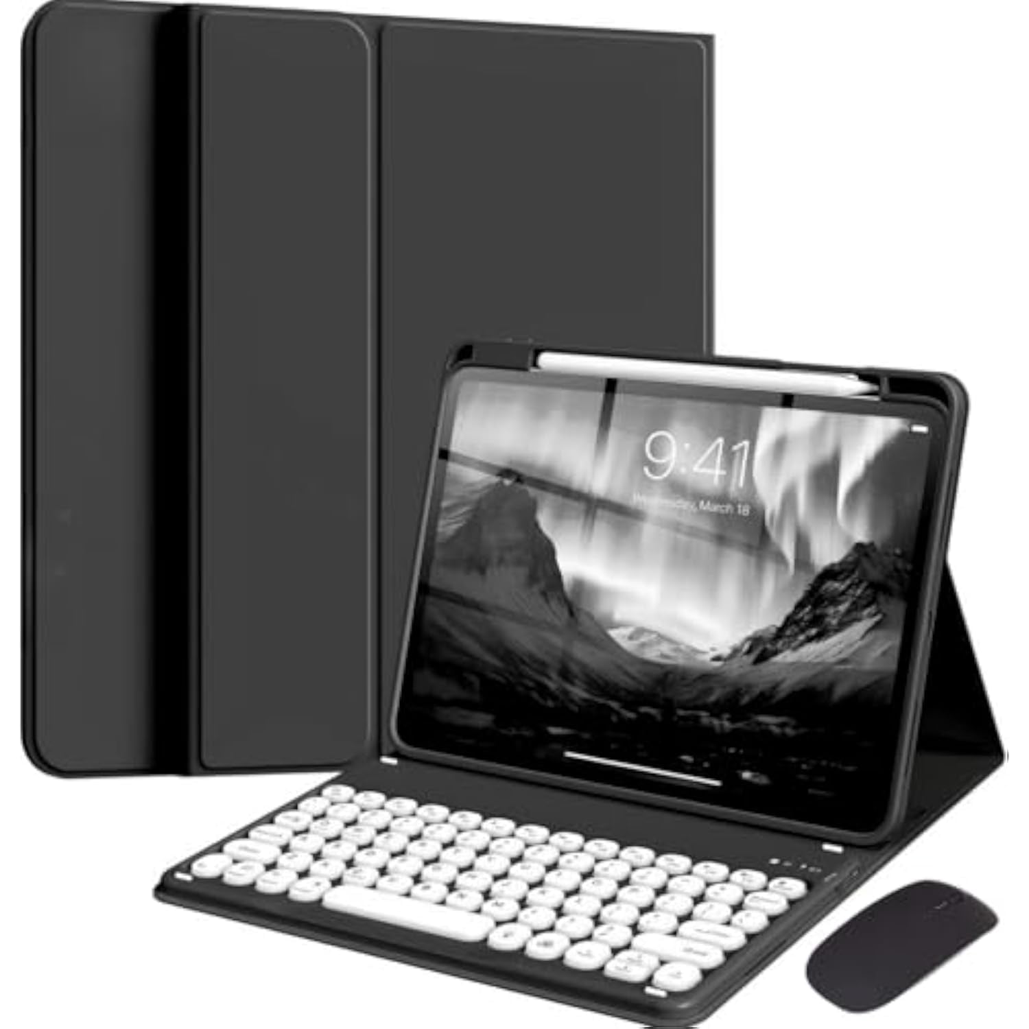 Round Key Magnetic Detachable Keyboard Cover with Mouse & Apple Pencil Slot for iPad Air 13 M2/M3/M4 / iPad Pro 12.9", Slim Folio Case,Black