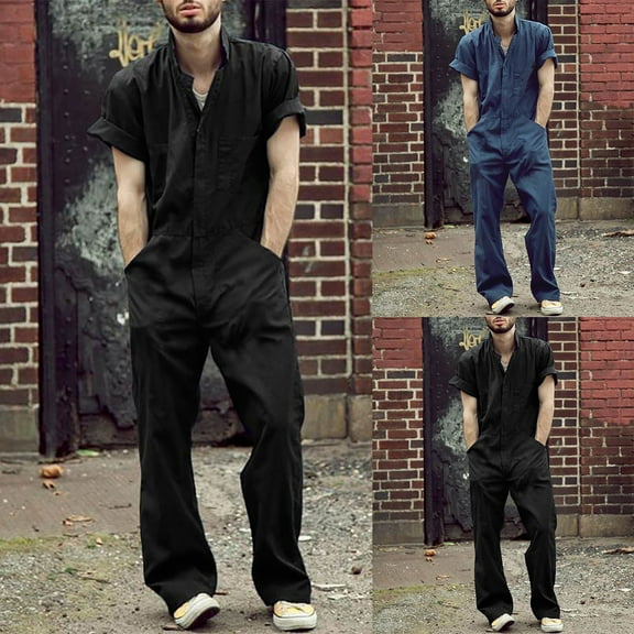 QATAINLAV Mens Rompers Jumpsuits Casual Button Down Short Sleeve One Piece Coverall Loose Fit Full Length Overalls Outdoor Shorts Tracksuits with Pockets Black XXL
