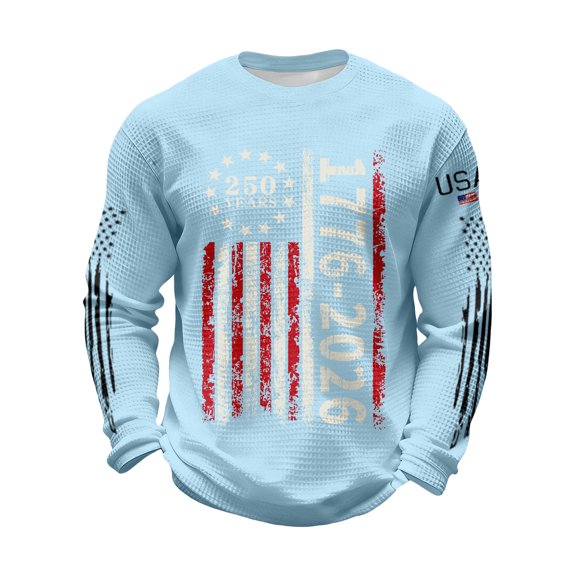 4th of July Shirts for Men Long Sleeve T Shirts Casual Waffle USA Flag Print Pullover USA 250th Anniversary Celebration Party Tops Independence Day Patriotic Round Neck Tees Light Blue 2XL