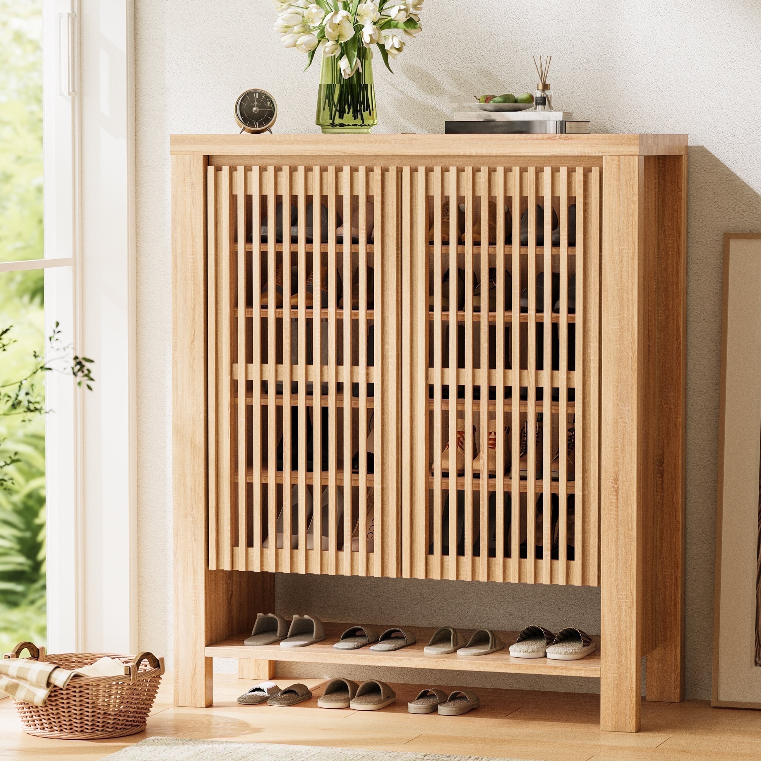 RASOO White Shoe Storage Bench With Grey Cushion - 2 Door Cabinet & Shoe Rack, Entryway Organizer