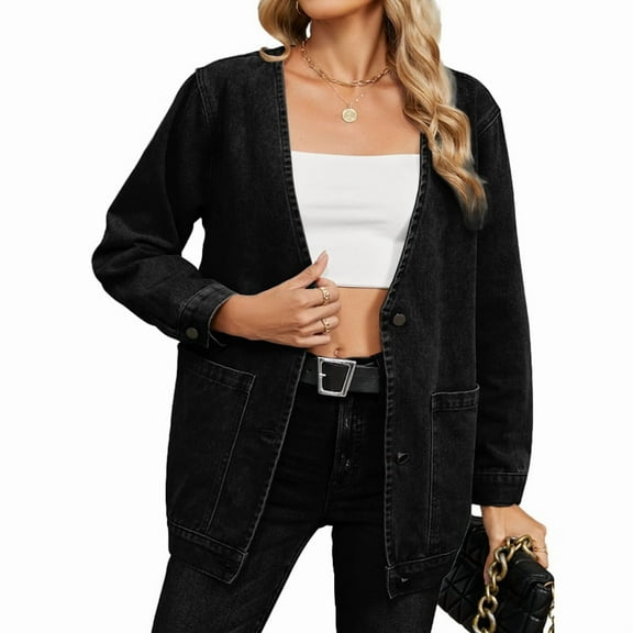 Women'S Long Sleeve Button Down Denim Jacket Casual Deep V Neck Washed Jean Jackets Outerwear Black XL