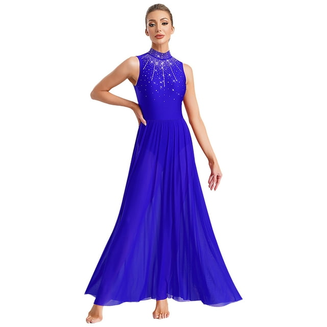 Raenseen Costume de Danse Lyrique Long Maxi pour Femmes Robe de Danse Moderne Contemporaine Sans Manches Tenue de Danse Bleu TG