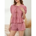 thumbnail image 6 of Musuos Women’s Summer Casual 2 Piece Outfits Puff Sleeve Tie Knot Front Tops + Elastic Waist Shorts Set Loungewear, 6 of 10