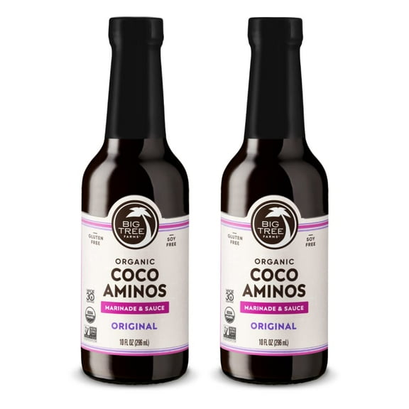 Big Tree Farms Organic AIF4 Coco Aminos - Liquid Coconut Soy-Free Sauce, Low Sodium, Soy Alternative, Gluten Free, Kosher, Warmly Umami, Marinade & Sauce, Non-GMO - Original, 10 Fl Oz (Pack of 2)