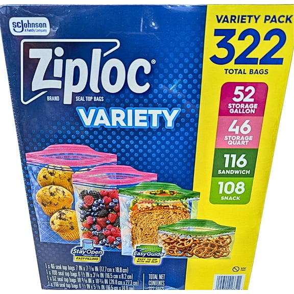 Ziploc Seal Top Bags Variety Pack Gallon Quart Sandwich Snack Sizes 322 Count