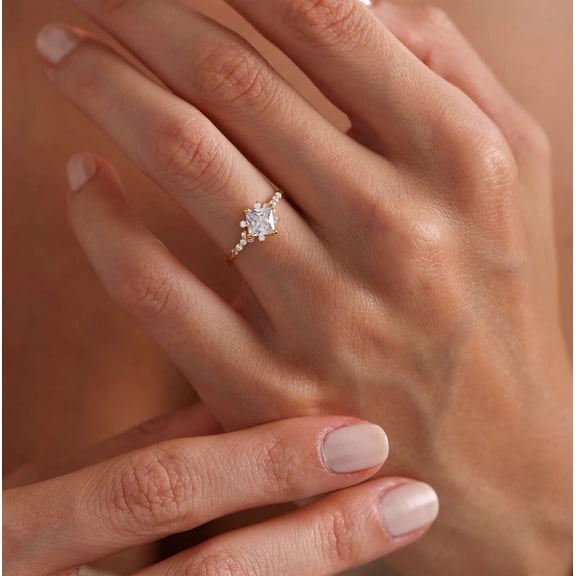 vylahjewellery 10K Vermeil Yellow Gold Wedding Anniversary Ring Princess Cut Diamond Engagement Solitaire Ring with Round Moissanite Side Stone Bridal Jewelry for Her
