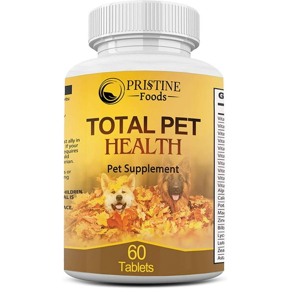 Pristine Foods Total Pet Health Multivitamine pour Chiens et Chats - Soutien des Os, des Articulations, du Système Immunitaire et de la Digestion avec Zinc, Calcium, Vitamines B - 60 Comprimés à Mâcher