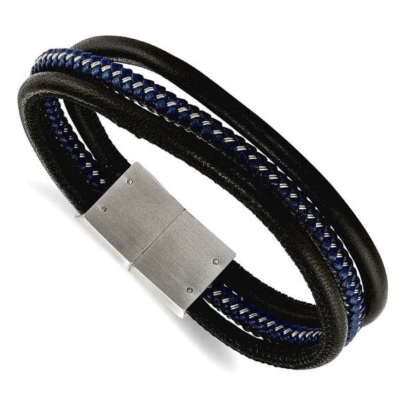 Stainless Steel Brushed Black and Blue Braided Leather Multi Bracelet 8 Inch Link Bracelet for Women