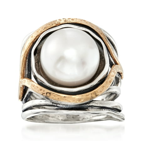 Ross-Simons 11.5-12mm Cultured Pearl Openwork Ring in Sterling Silver and 14kt Yellow Gold