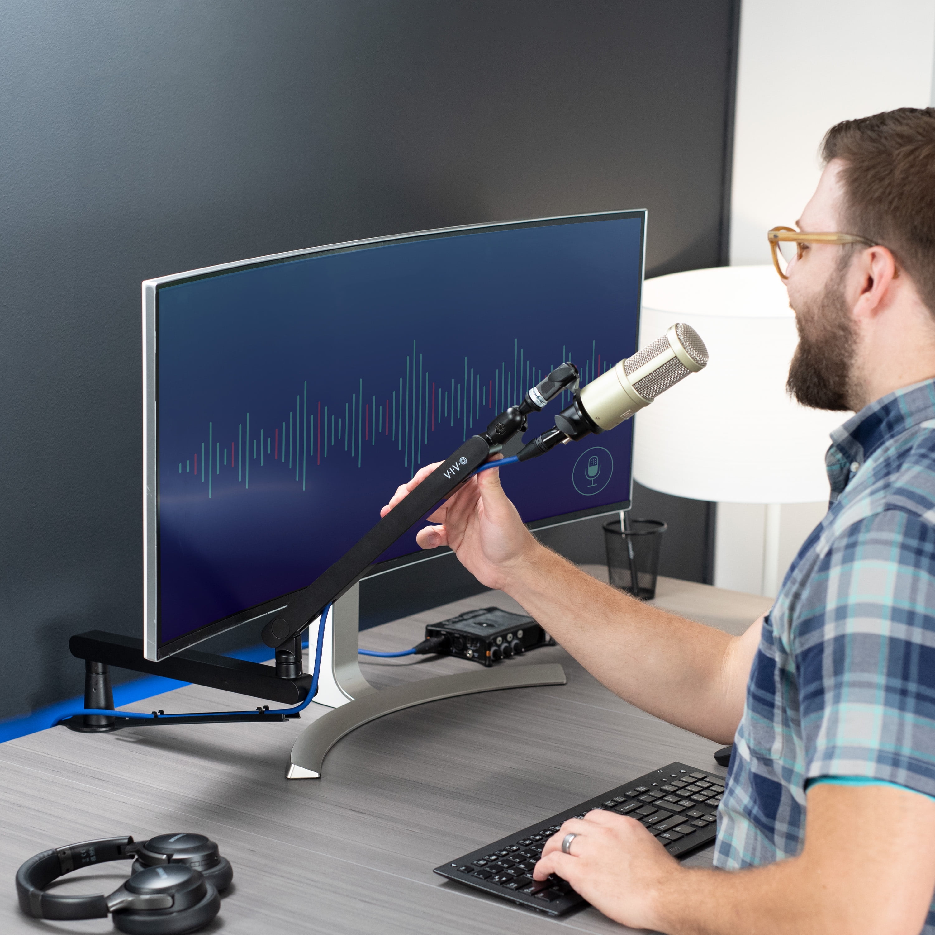 VIVO Clamp-on Low Profile Height Adjustable Heavy Duty Microphone Desk Mount