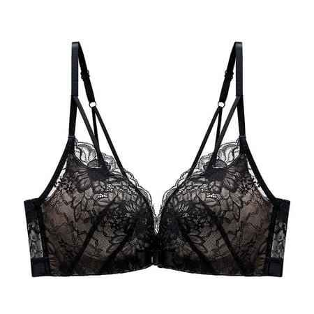 Gnurob Women s Illumination Front Closure Bra Lace Push Up Brassiere Lightly Lined Cups Bras Non Underwire Bralette Cozy Breathable Bralettes Spaghetti Underwear Clearance Saving Black Medium