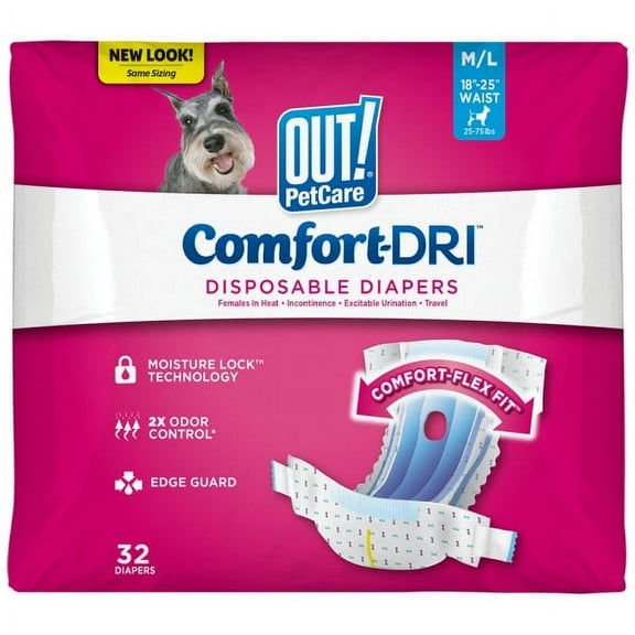 OUT! Comfort Dri Disposable Female Dog Diapers - M/L -32 Count