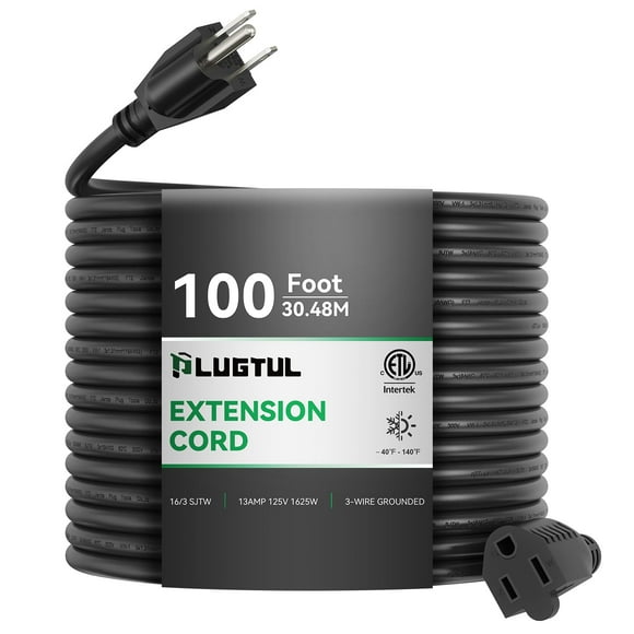 PLUGTUL 100 FT Outdoor Extension Cord Waterproof 16/3 Black Heavy Duty 3 Prong Extension Cord, 13A 1625W SJTW, CETL Listed, Great for Garden and Home