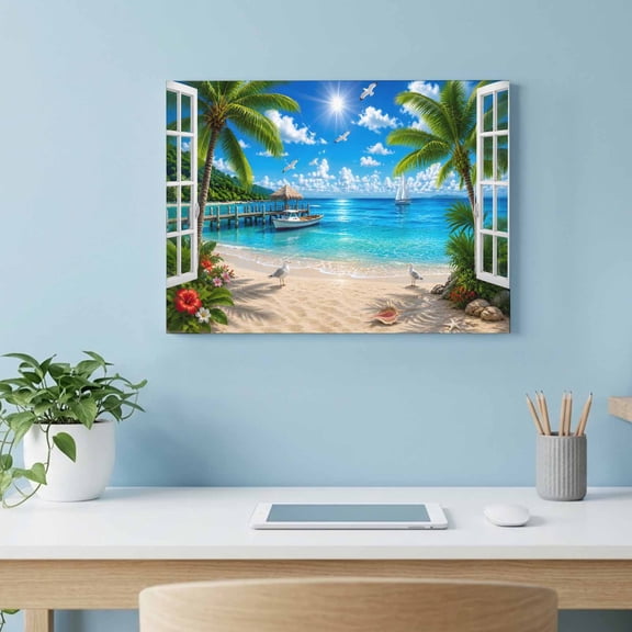 Island Landscape Canvas Wall Art, White Window Frame Sea Beach Palm Trees Seagulls Wall Art Prints Artwork Framed Canvas Ready to Hang Art Pictures for Living Dining Room Bedroom Hallway 24" x 18"
