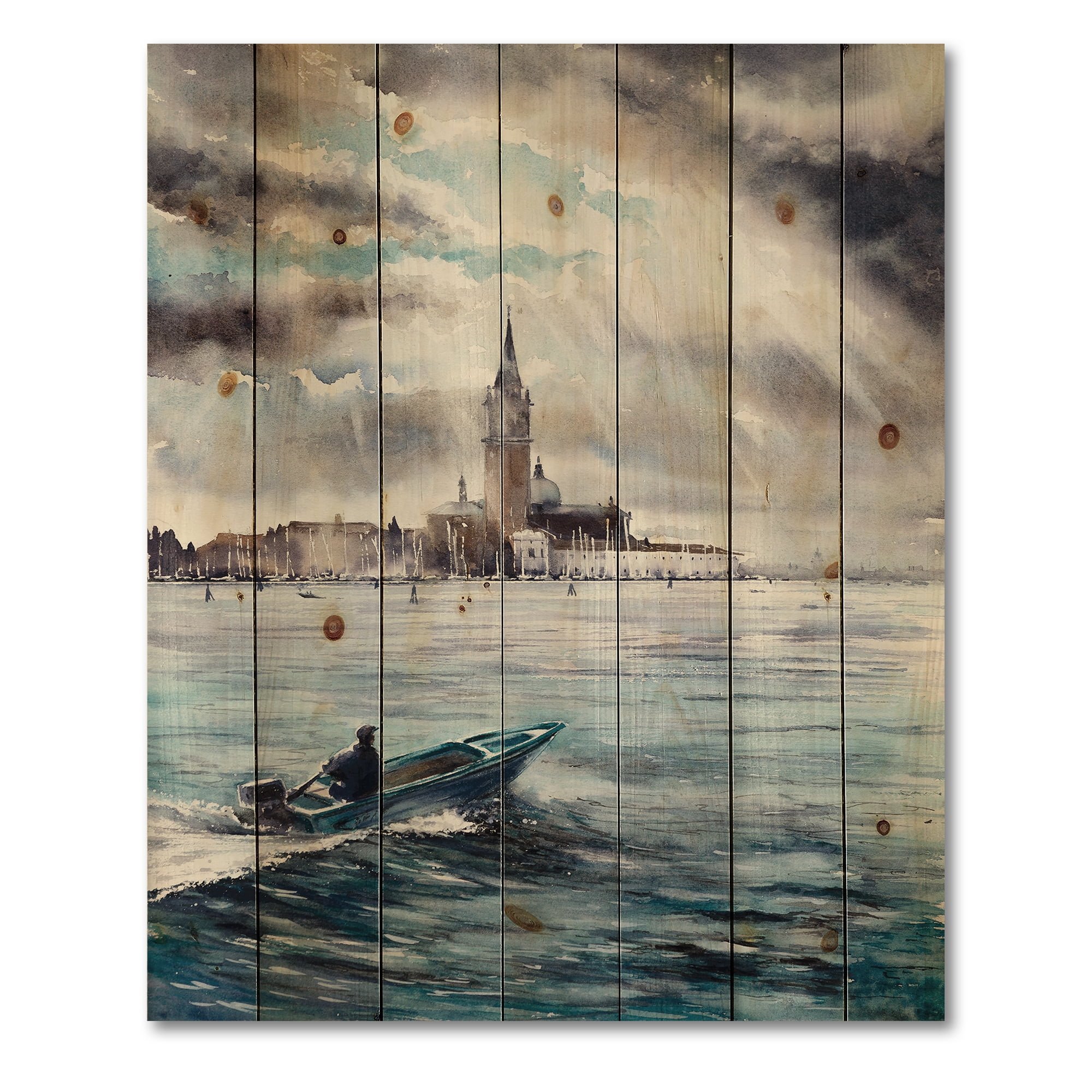 Designart 'Boat Returning In Storm Over Venice In Italy' Nautical & Coastal Print on Natural Pine Wood