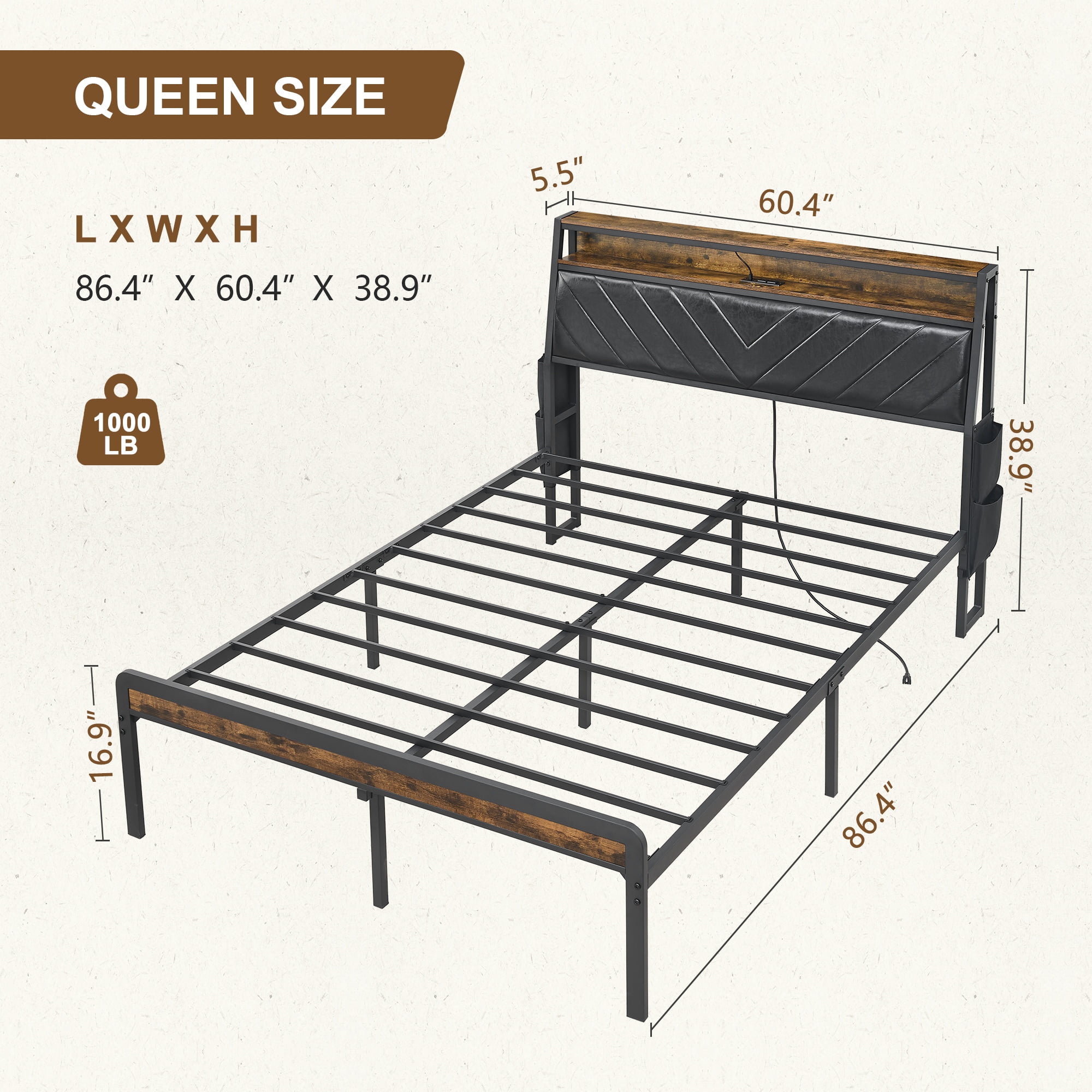 Yoneston Queen Size Platform Bed Frame with Ergonomic Tilted Upholstered Headboard, Storage LED Bed Frame with Charging Station for Kids, Adult - Brwon