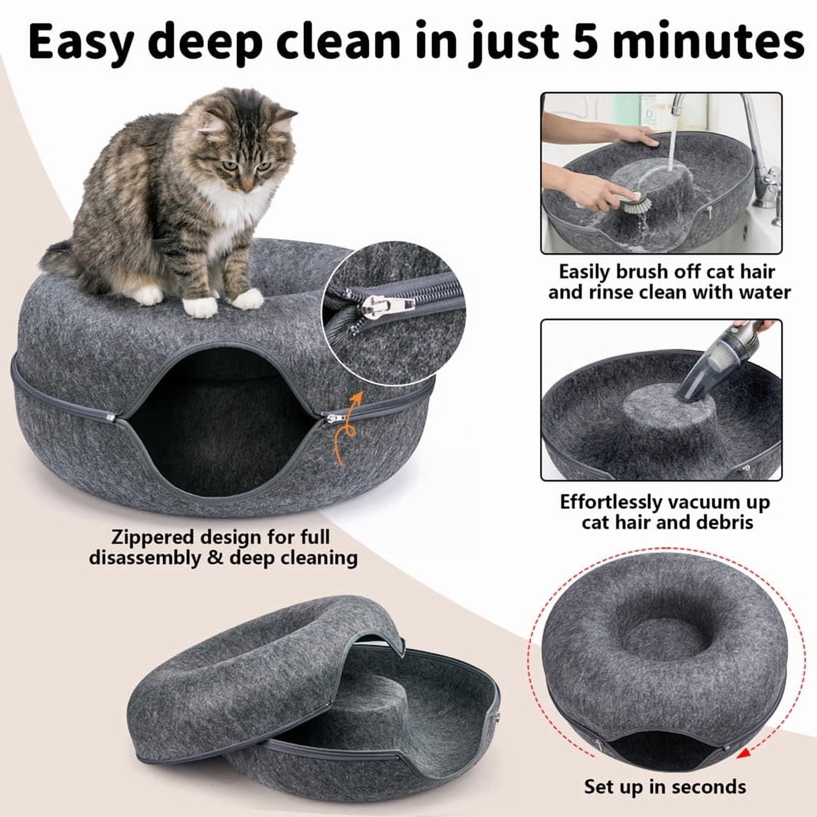 2-Pack 24" Cat Cave Bed for Large Cats – Felt Cat Tunnel Bed, Dark Gray & Gray