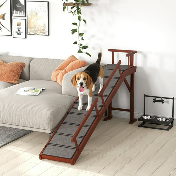 PawHut Dog Ramp, Dog Stairs for Small, Medium & Large Dogs, Pet Stairs for Bed or Couch with Removable Guardrails, Non-Slip Surface, 70.5" Long, Brown