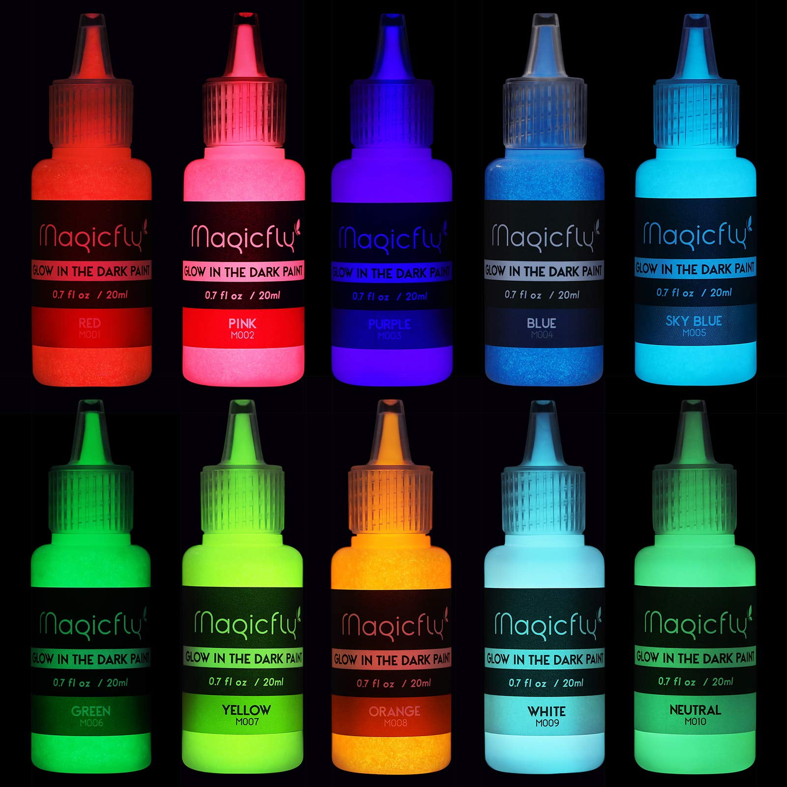 (2 pack) Magicfly Acrylic Glow in The Dark Paint, 10 Bright Colours 60 ml / 2 oz for Painting, Halloween , Christmas
