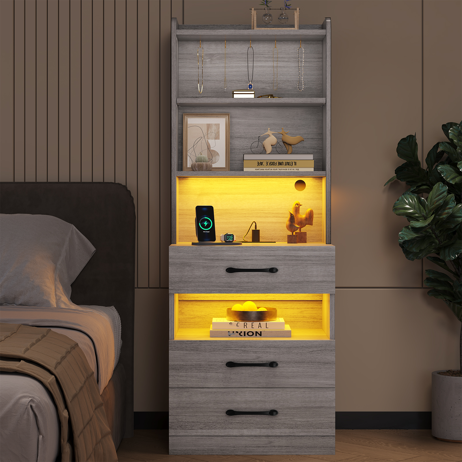 AOGLLATI Tall Nightstand with Charging Station and LED Lights Bookshelf, Bedside Table with 3 Drawers and Storage Shelves, End Side Table for Bedrooms